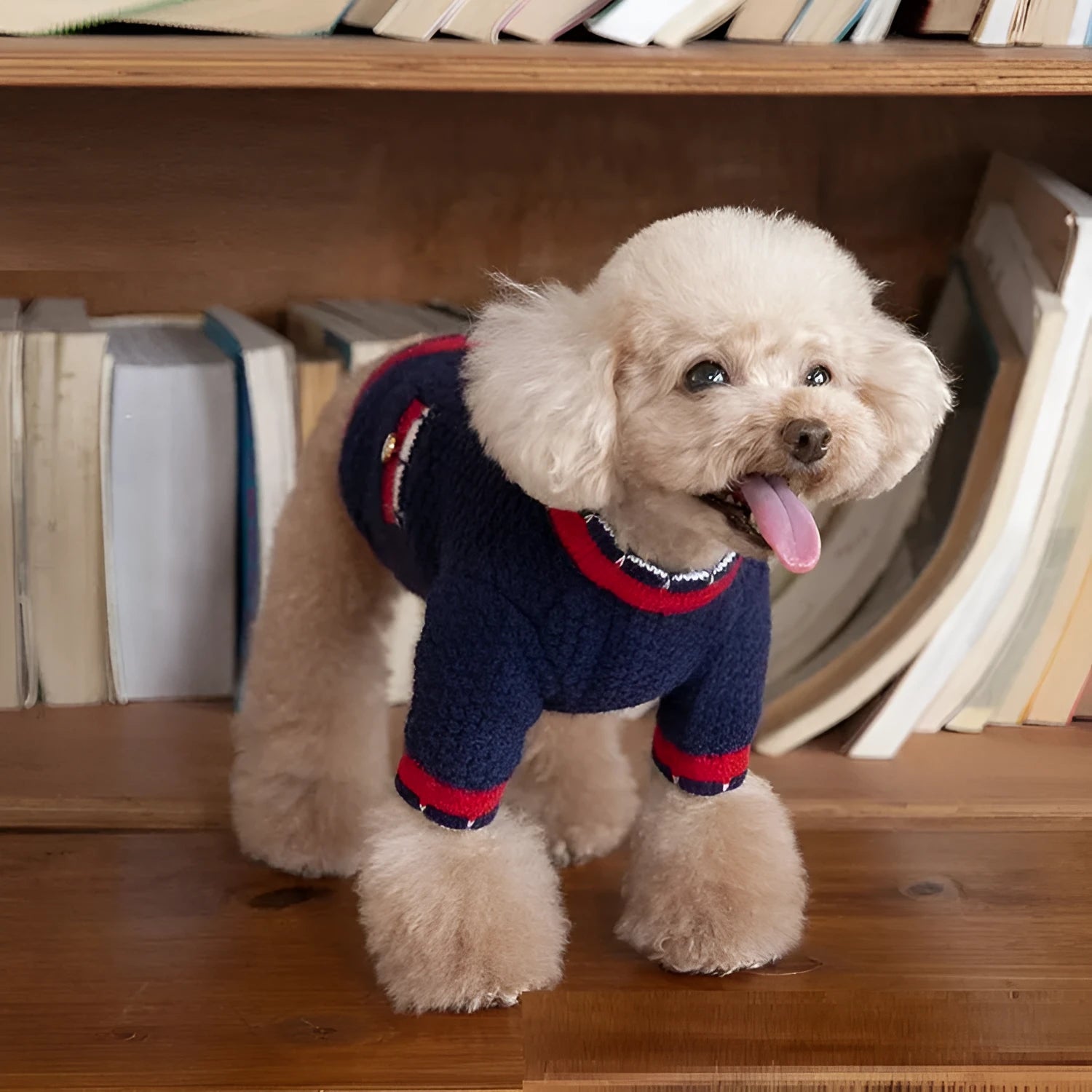 Blue wool sweater cardigan for dog in princess style with tailored pet fit