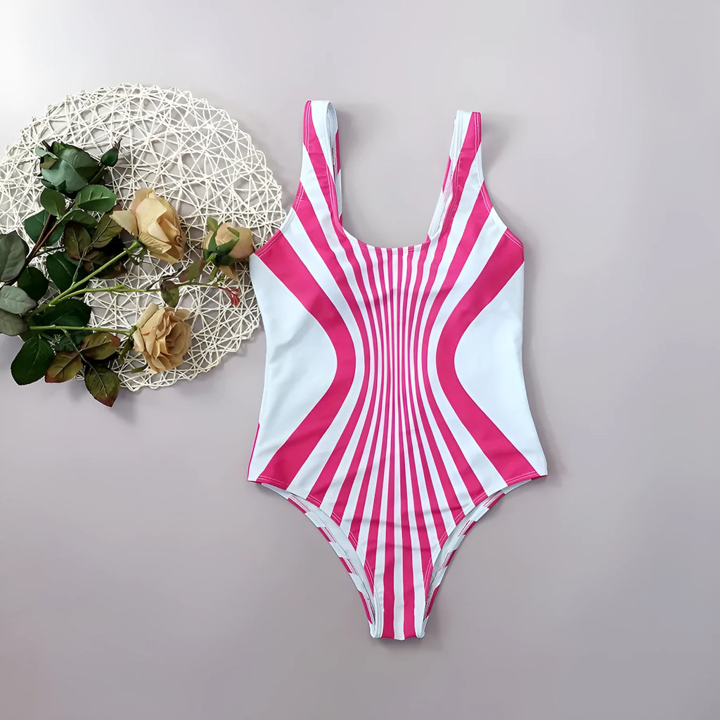 Pink and white striped one-piece swimsuit for women on a mannequin, showing front and back digital print positioning.