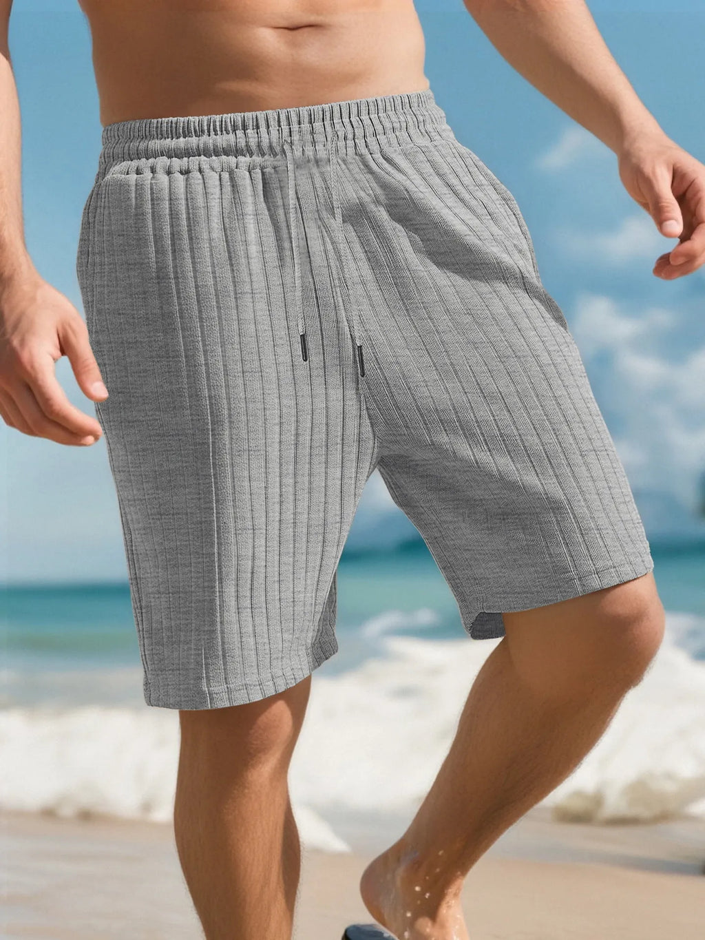 Men's striped linen-style sports shorts with elastic waist in multiple colour options