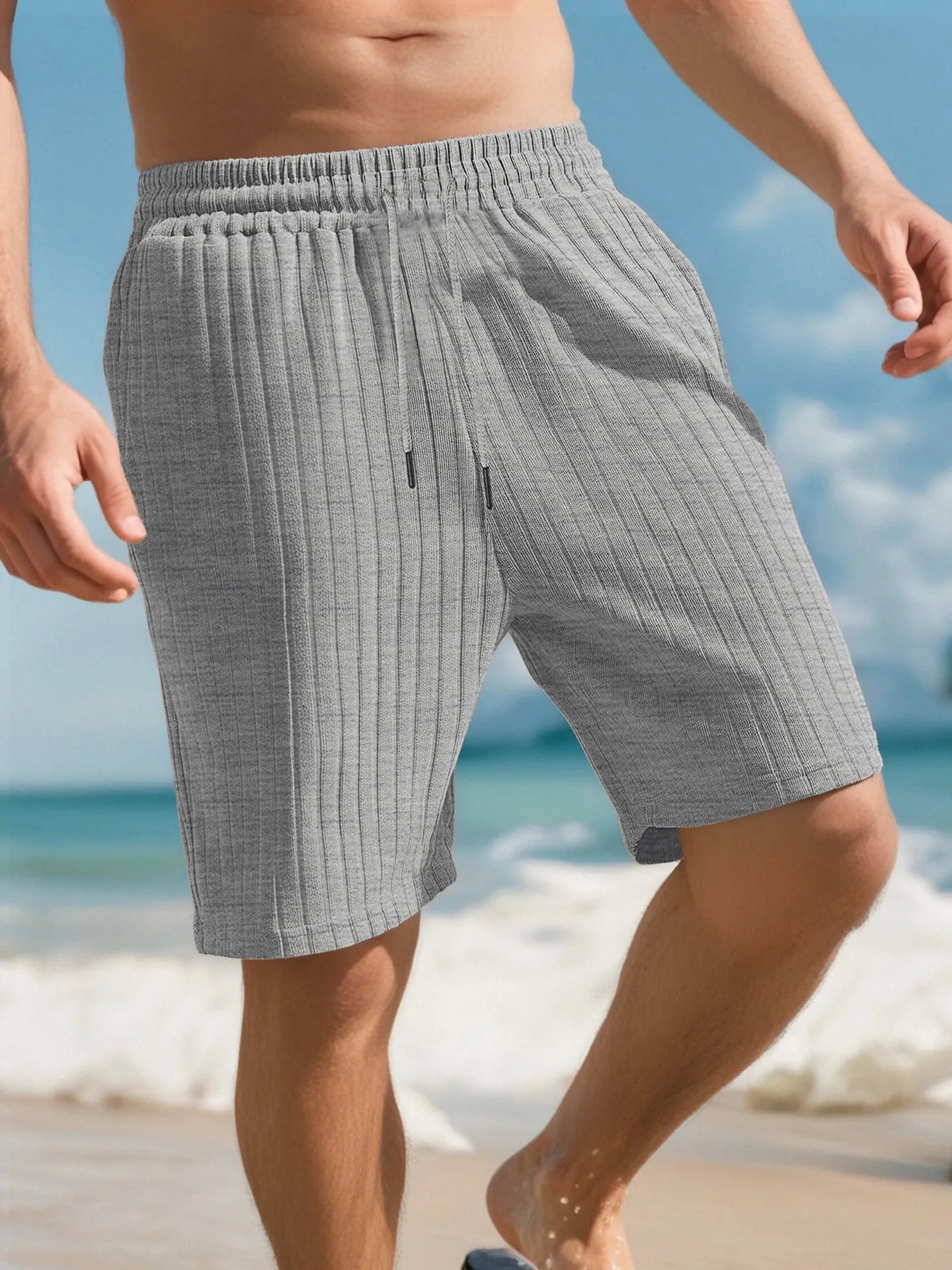 Men's striped linen-style sports shorts with elastic waist in multiple colour options
