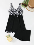Female skirt style split boxers conservative tankini swimsuit in black with high waist design