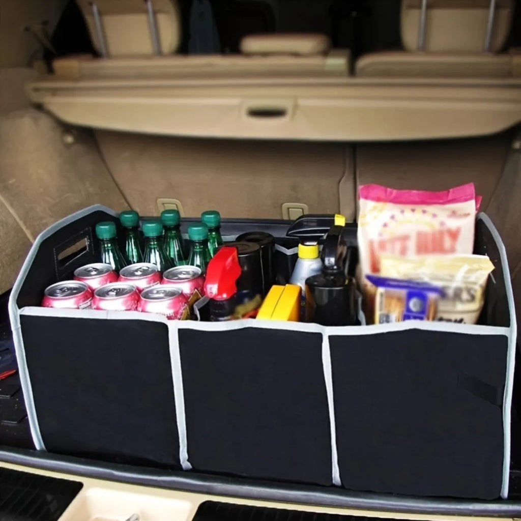 Black large capacity car multi-pocket trunk organizer with foldable lid in vehicle trunk