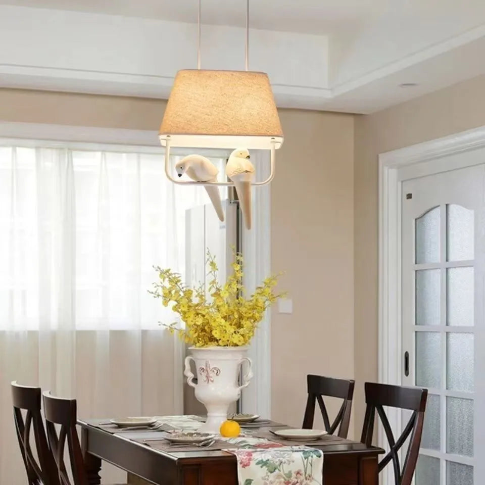 Bird-themed ceiling chandelier with fabric shade covers and iron framework for dining rooms and hallways
