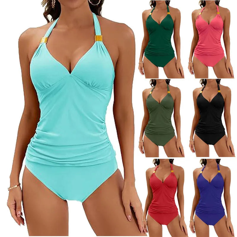 Women's halter neck two piece swimsuit in a solid colour with split tie sides