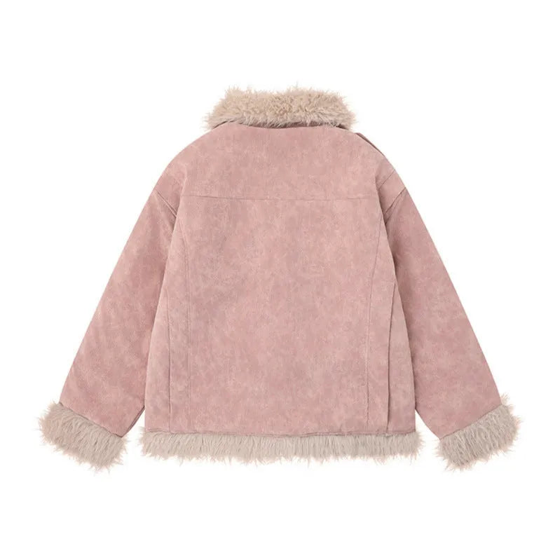 Women's American-style retro loose fit lambswool coat in black with lapel collar