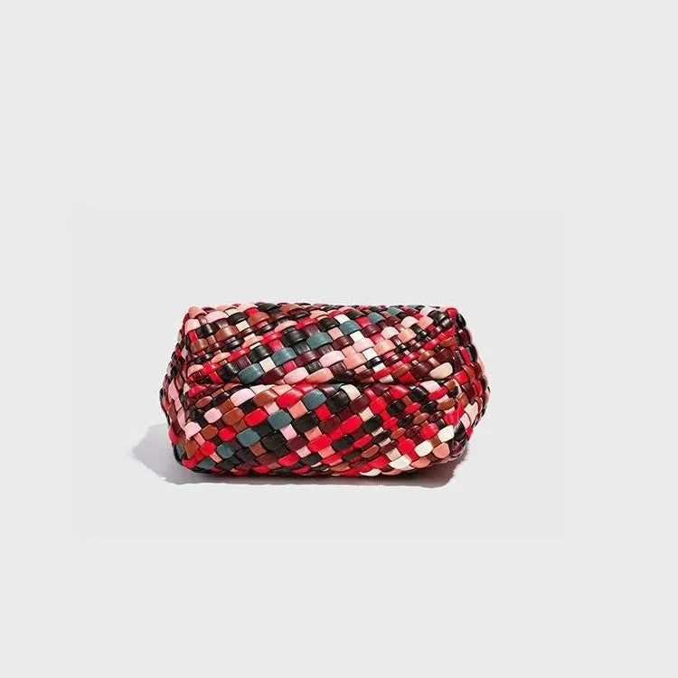 Women's casual woven shoulder bag in PU leather, showing textured hand-woven detail.
