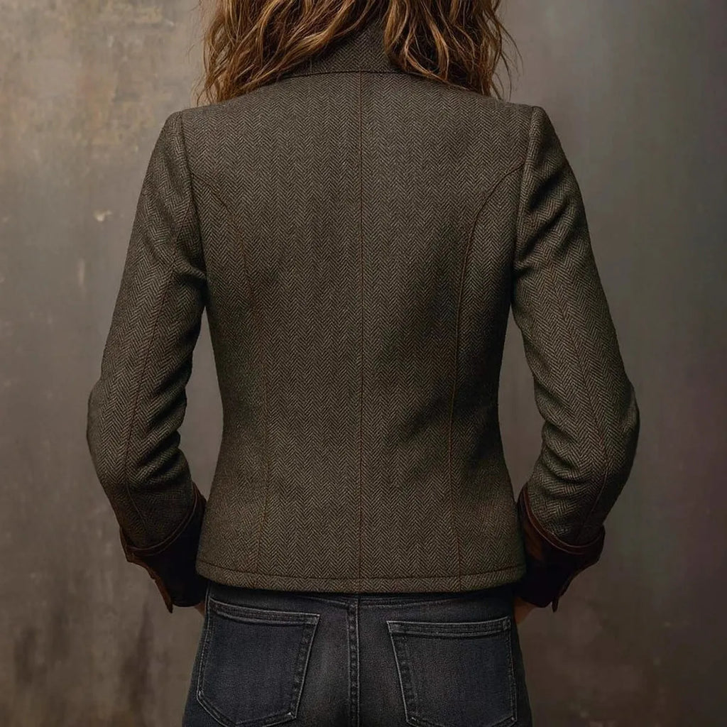 Women's army green herringbone tweed blazer with velvet trim, long sleeves, front view