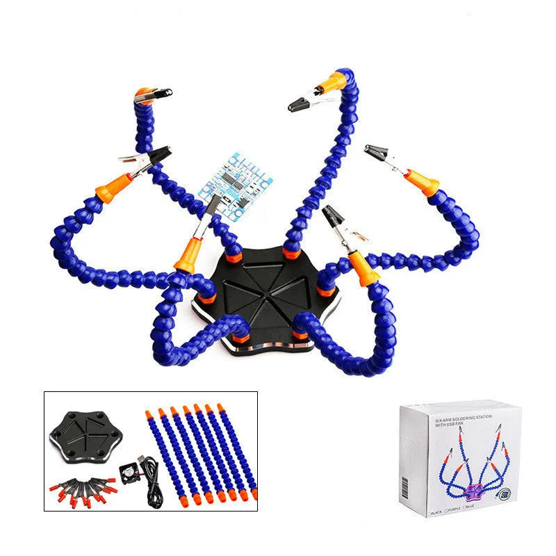 Six jaw aluminium alloy welding station with seven arms on a non-slip base, shown in black and purple colour options.