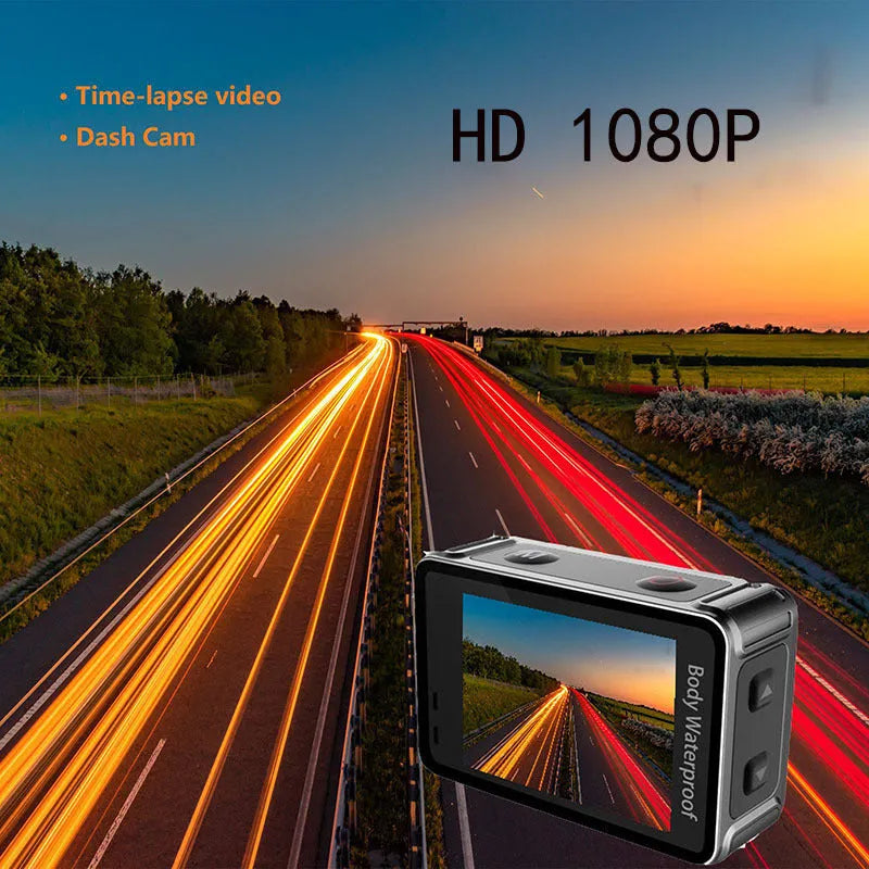 Black outdoor sports camera tachograph with touch screen showing 170° angle