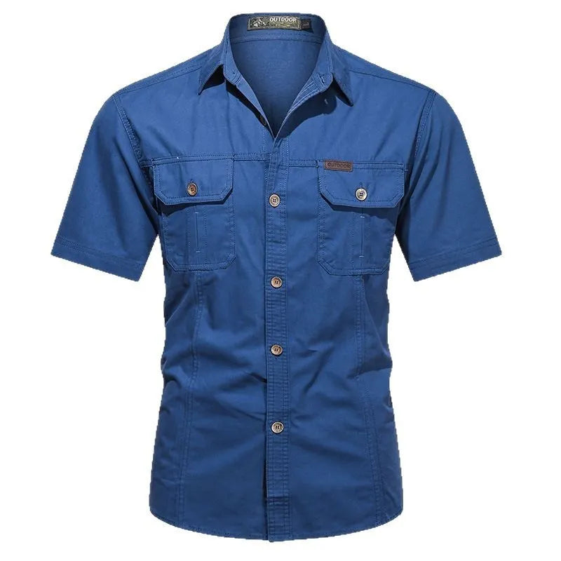 Men's short sleeve cotton work shirt in a loose cardigan style, shown in army green.