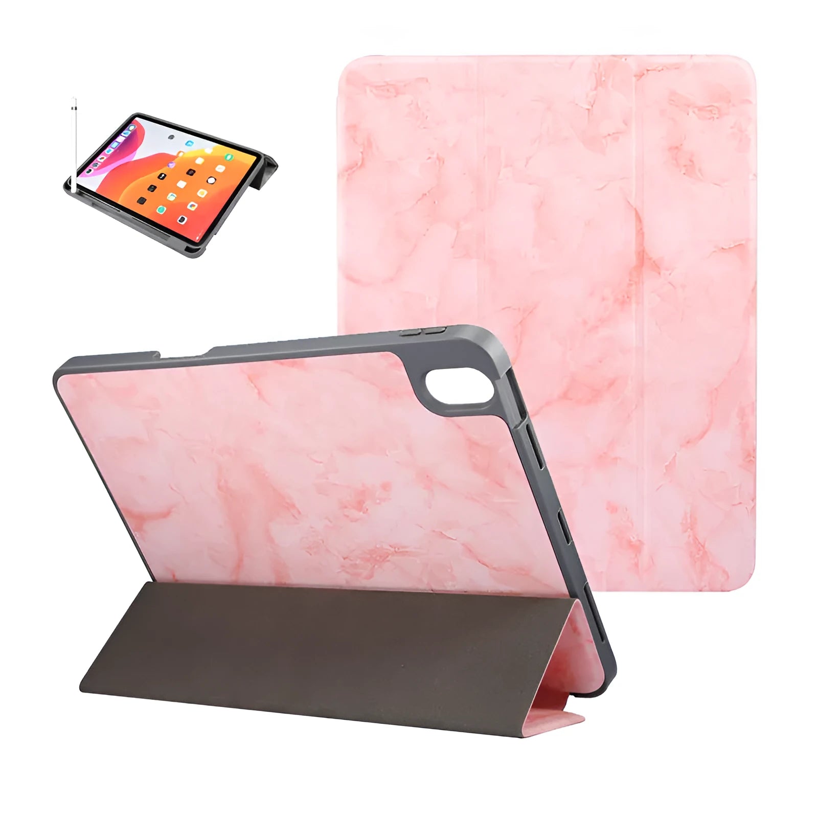 Dark grey imitation leather iPad tri-fold case with integrated pen slot, shown in stand position.