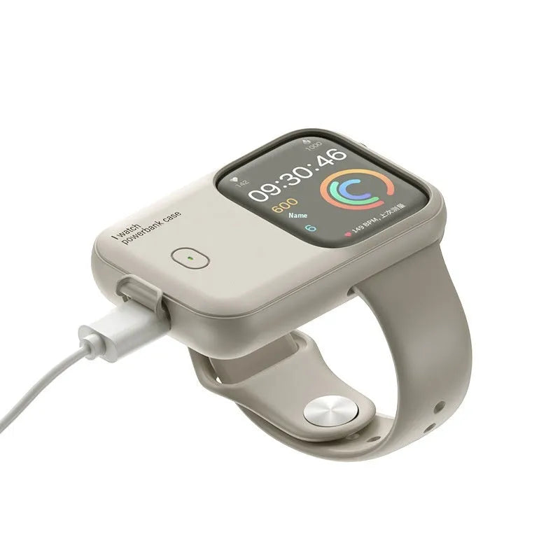 Apple Watch portable wireless charging case power bank in brown, blue, or starlight.