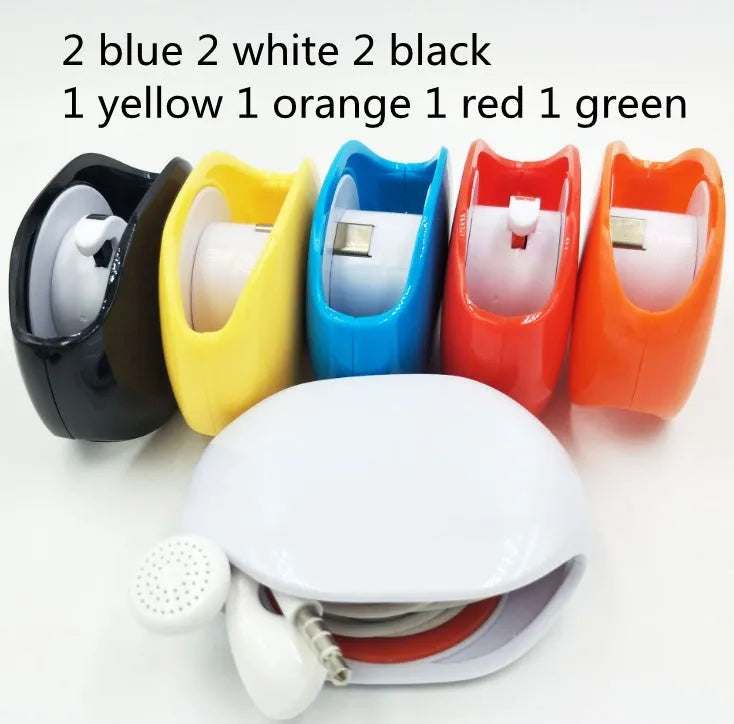 Automatic earphone cable winder showing white, blue, and black units with cable retracted into 72mm storage box.
