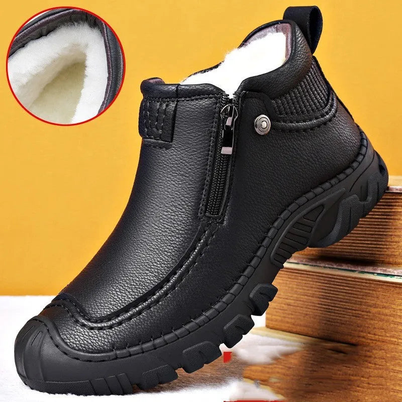 Men's cotton shoes with plush insulation, black, flat heel, round toe, visible sewing on upper