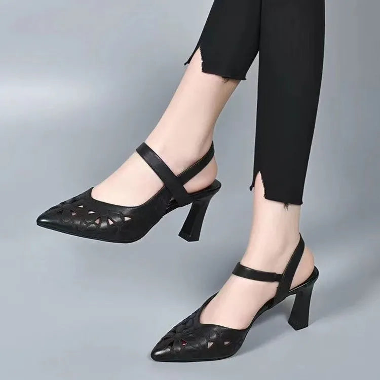 Women's pointed toe high heel sandals with hollowed design in red, black and creamy-white colours