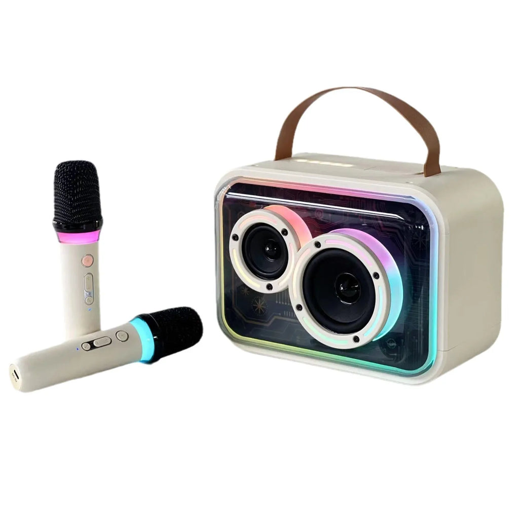 Portable Bluetooth karaoke speaker with colourful RGB lights showing black or light yellow colour options