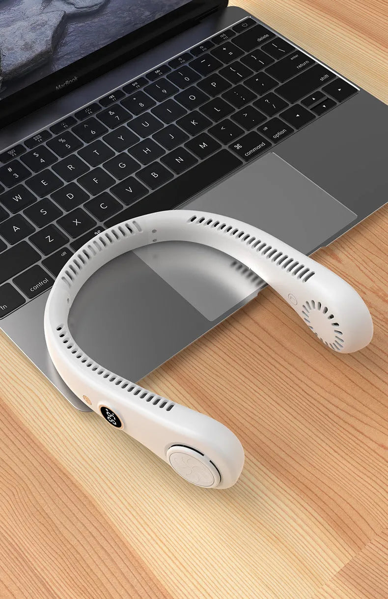 Pink USB rechargeable portable bladeless neck fan being worn.