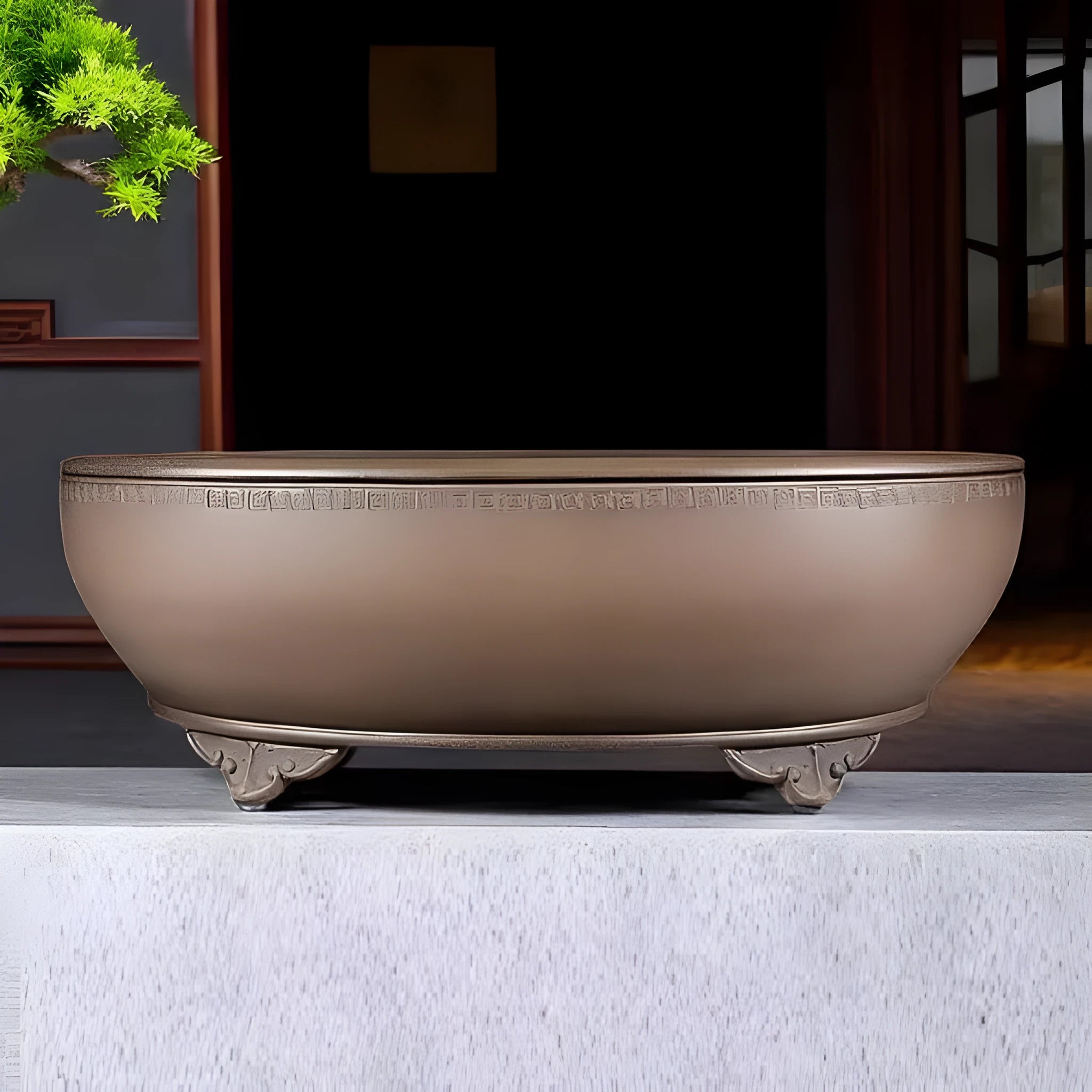 Handmade oval purple sand ceramic flowerpot measuring 50x39.5x16cm for desktop or ground plant display