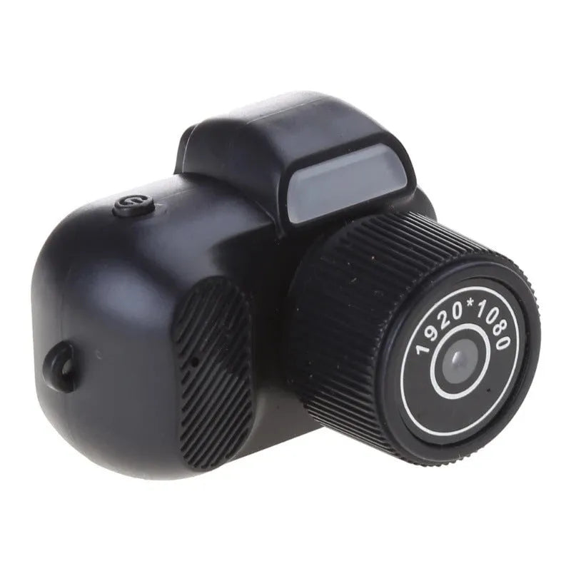 Black retro mini video camera with built-in screen showing 1080p HD recording