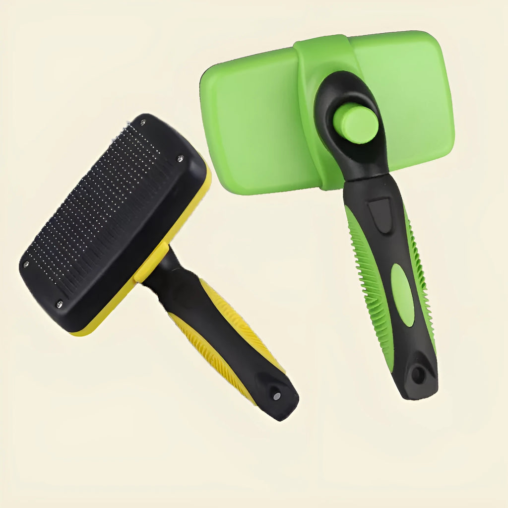 Retractable pet comb with stainless steel needles, ABS and TPR, 19x12.6cm, green and yellow
