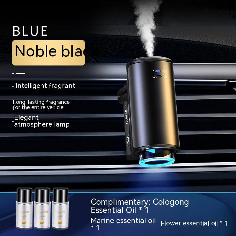 Obsidian Black smart car air vent clip diffuser with essential oil bottle.