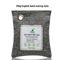Sewn fabric bag filled with black bamboo activated charcoal for air purification.
