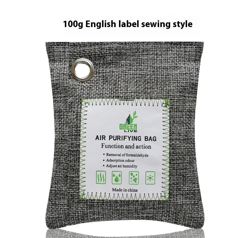 Sewn fabric bag filled with black bamboo activated charcoal for air purification.