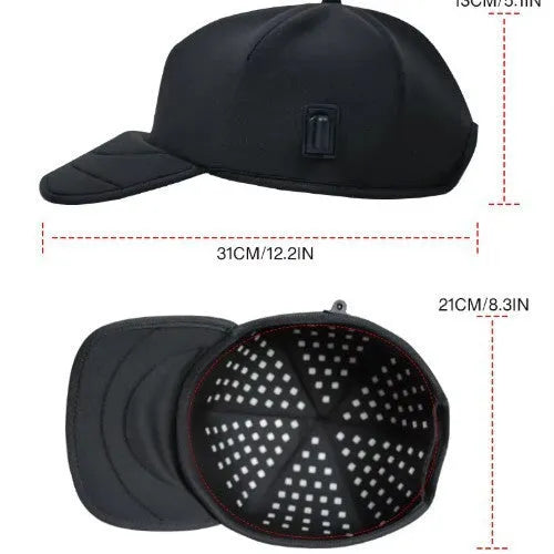 Black infrared red light hair care therapy cap for hair growth on neutral background