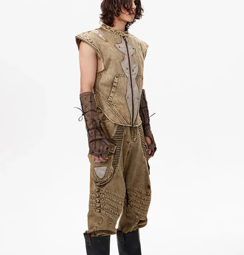 Men's picture colour cotton denim pleated vest in a refined Korean style, shown on a hanger.