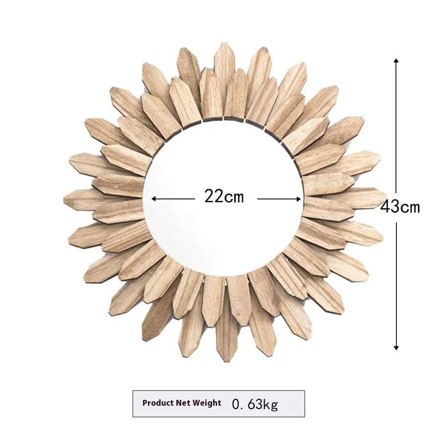 European-style round solid wood hanging mirror with a baked colour finish on a wall.