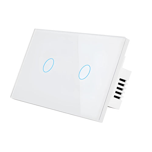 White 2-gang RF remote control touch light switch with tempered glass panel.