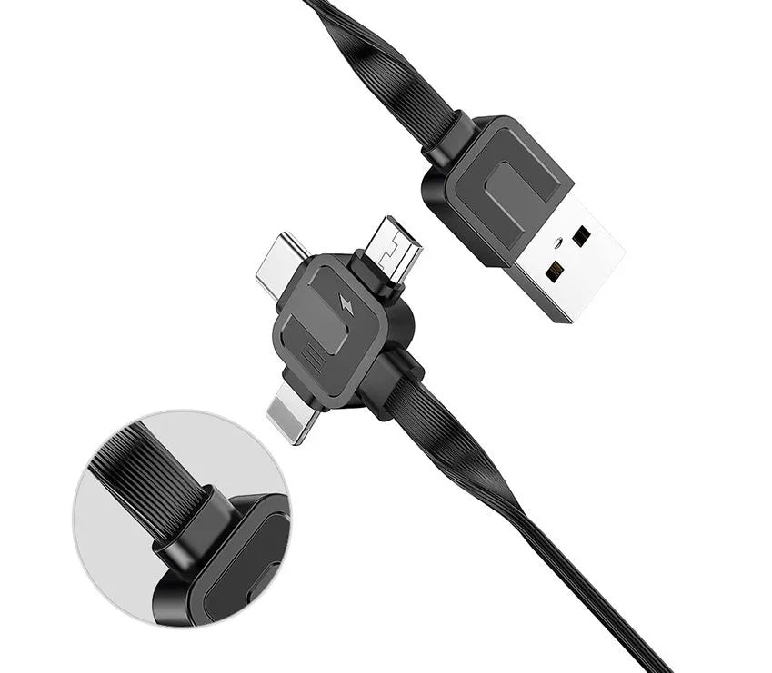 Telescopic USB charging cable with three-in-one split connector showing Lightning, USB-C and Micro-USB ports
