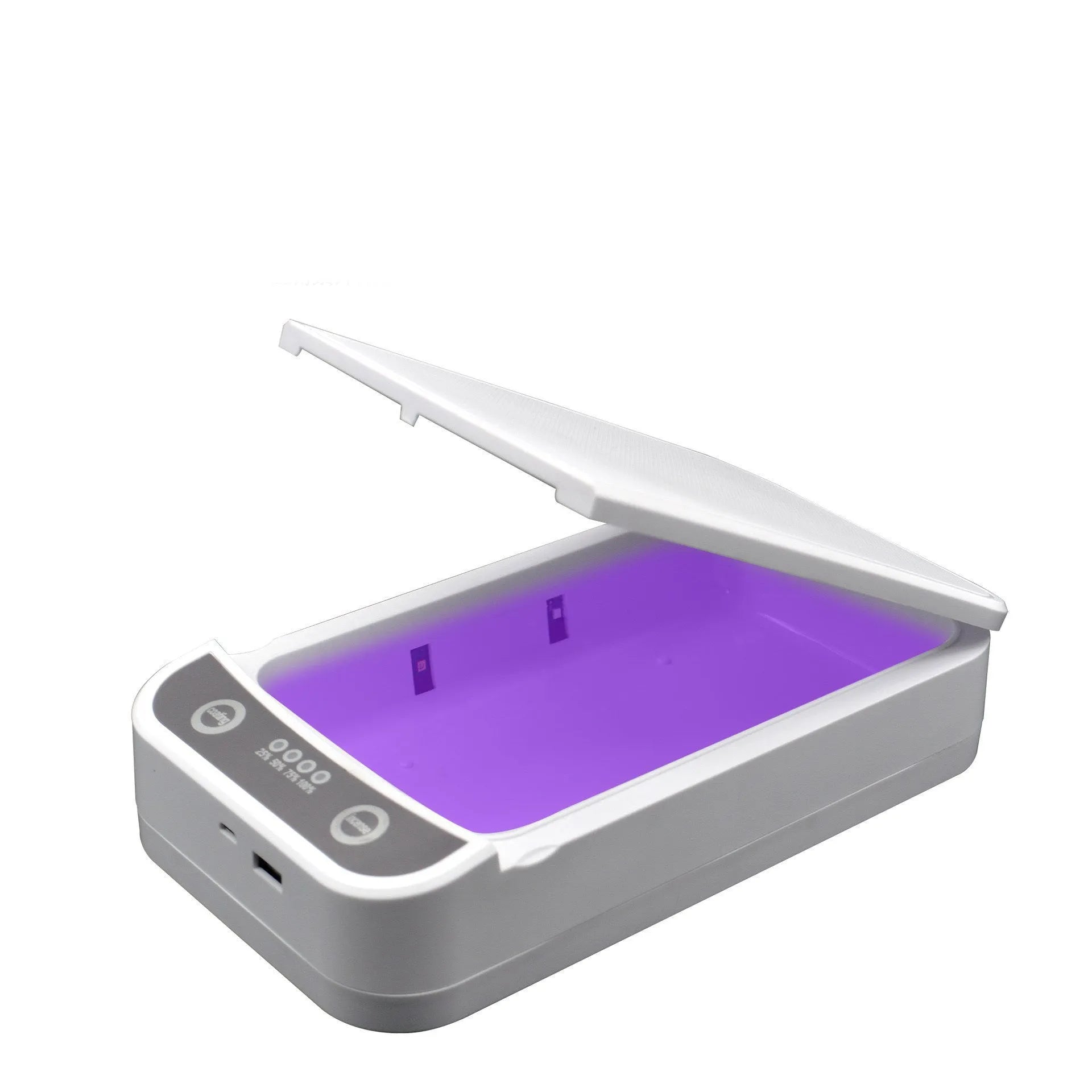 UV disinfection box with internal chamber for phones up to 6.5 inches, showing USB ports.