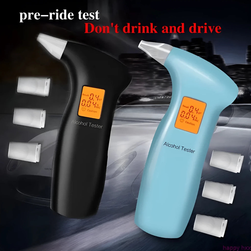 Portable orange LED breath alcohol tester with four spare mouthpieces on a black background.