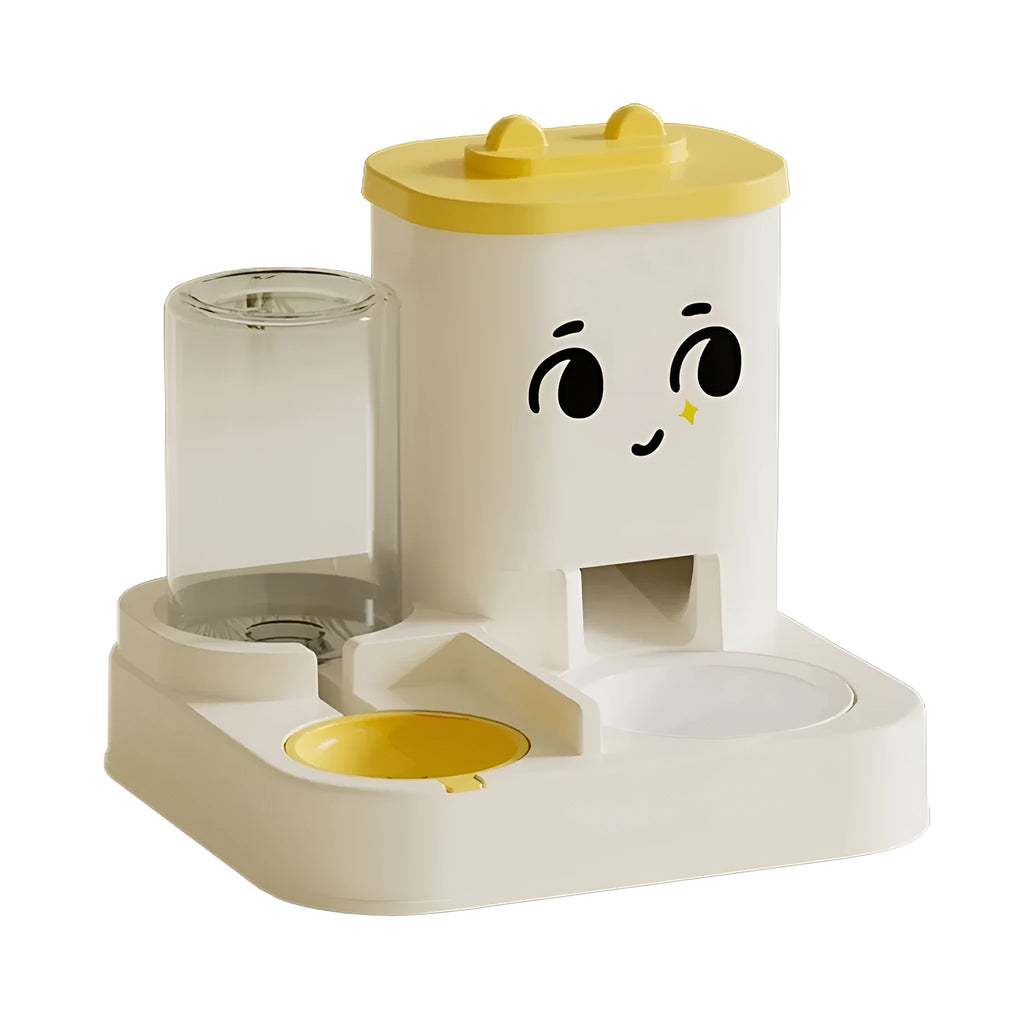 Pet cartoon feeding and watering dispenser in gray with large capacity plastic bowls for cats and dogs