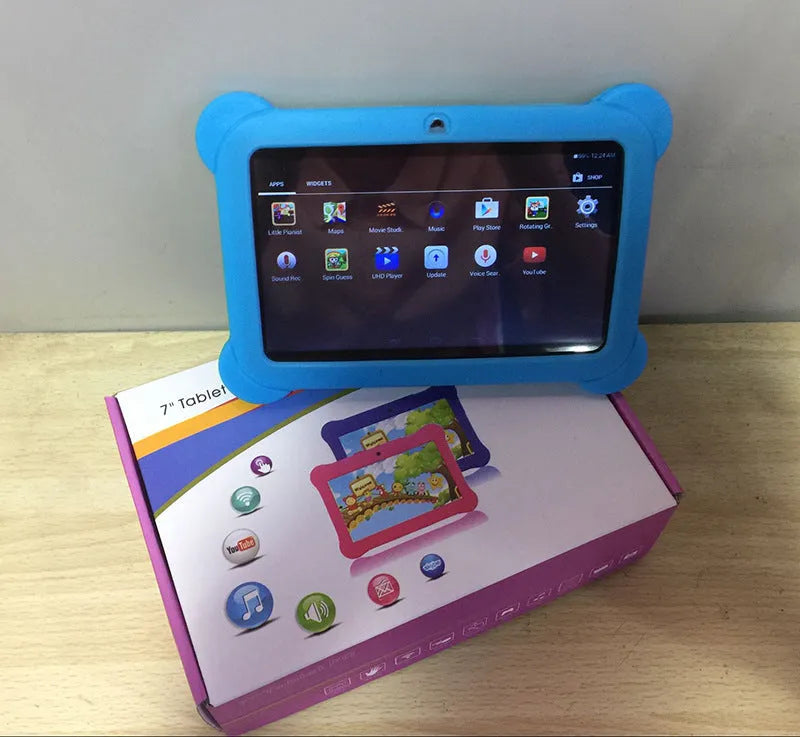 Children's tablet with 7-inch multi-touch screen, 8GB storage, 512MB RAM, ABS plastic shell, available in black, purple, and red.