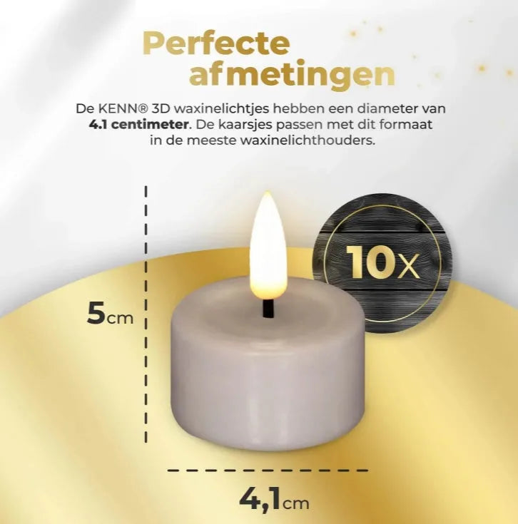 Pack of 10 taupe-coloured LED tealight candles showing 3D flickering flame effect.