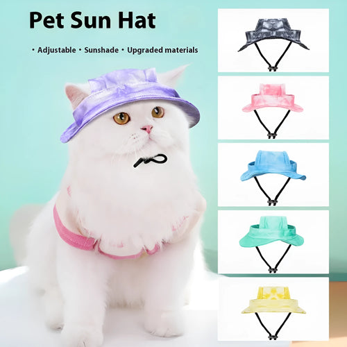 Pet sun hat for dog and cat with adjustable chin strap, polyester bucket style, available in multiple tie-dye colours