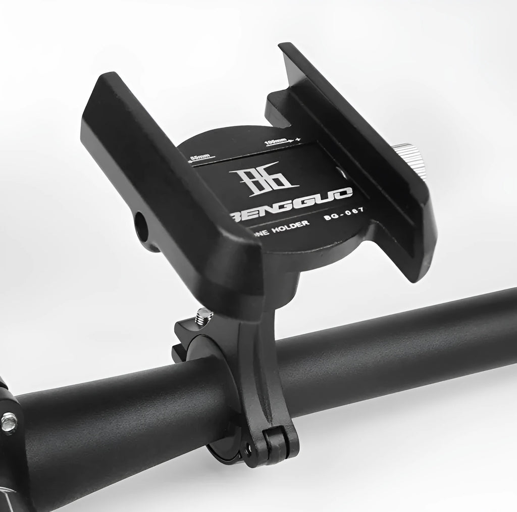 Aluminium alloy bicycle phone holder mounted on handlebars, showing adjustable clamp and phone grip.