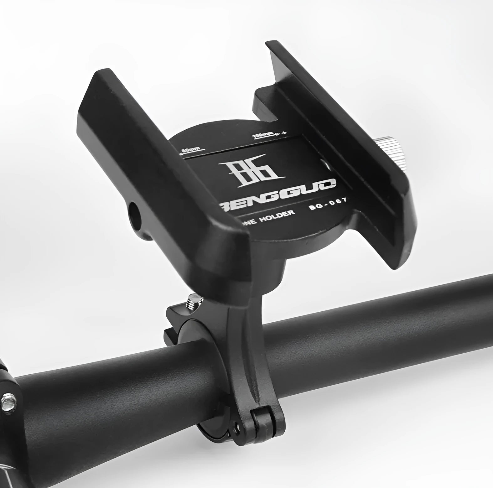 Aluminium alloy bicycle phone holder mounted on handlebars, showing adjustable clamp and phone grip.