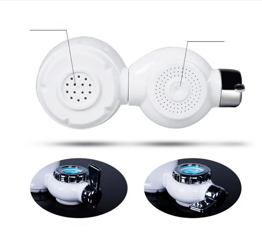 White kitchen faucet water filter with ceramic cartridge and universal thread adapters for tap mounting.