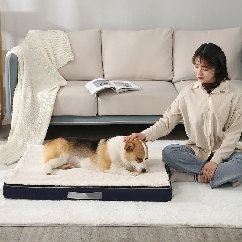Removable washable memory sponge dog mat in khaki colour on a wooden floor.