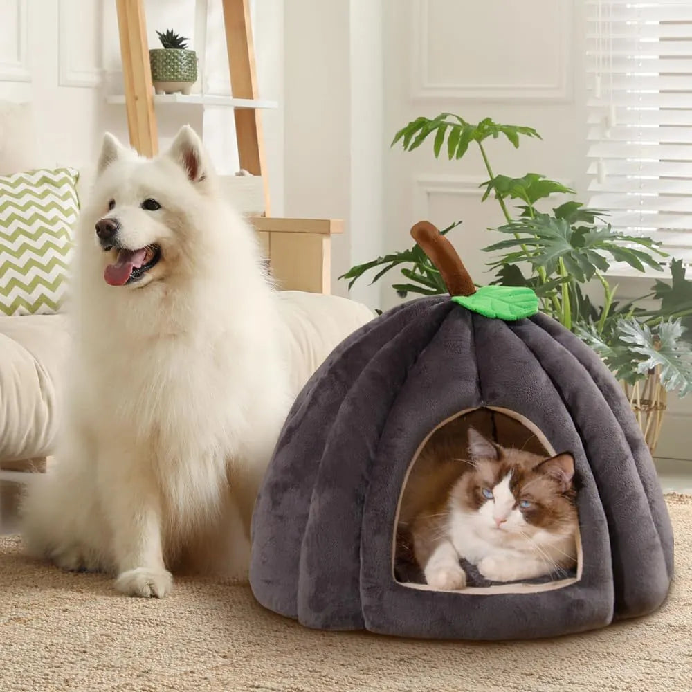 Pumpkin-shaped plush cat cave bed in blue colour with a semi-enclosed entrance.