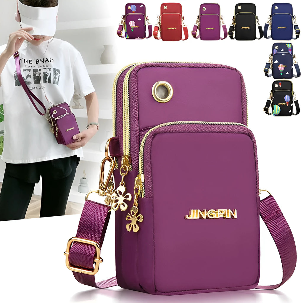 Nylon crossbody mobile phone bag with three zippered layers, card slots, and an adjustable strap in black