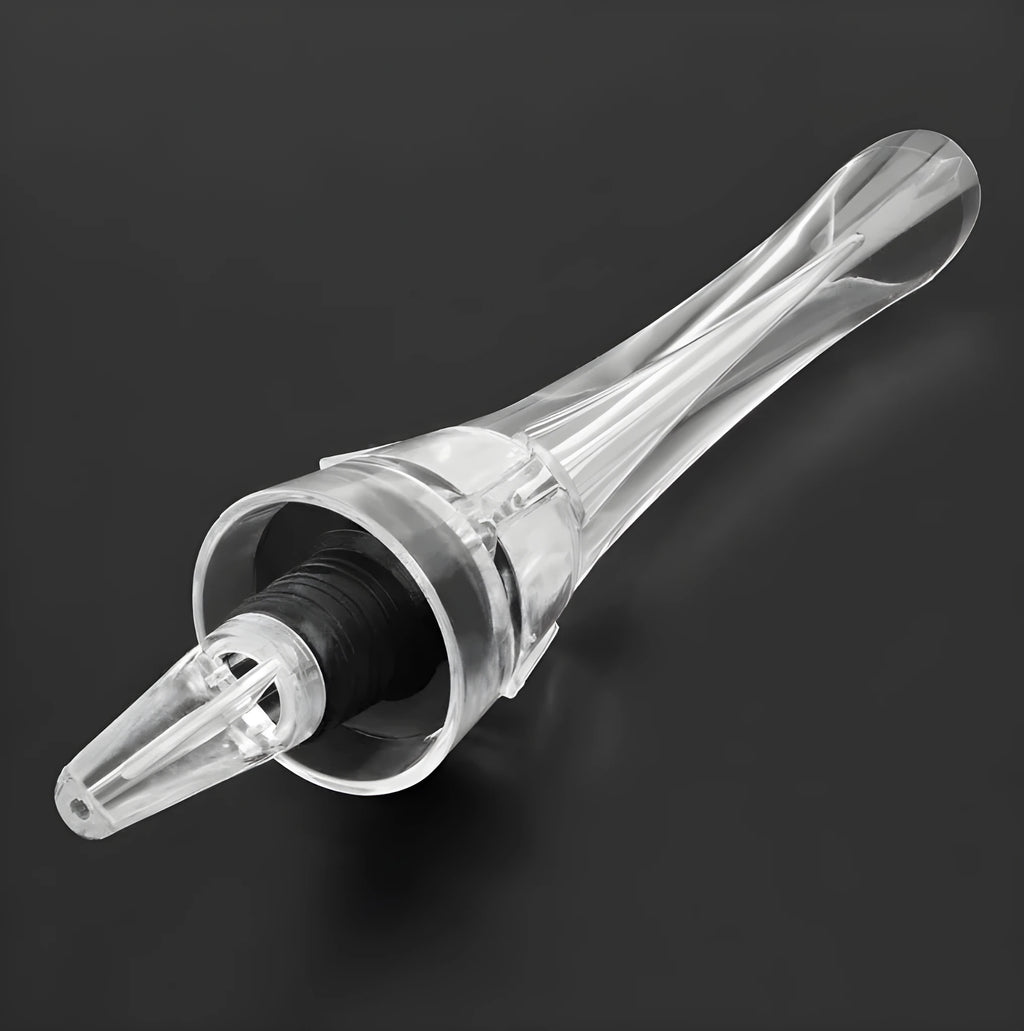 A clear acrylic wine aerator with a stainless steel filter, measuring 16cm long.