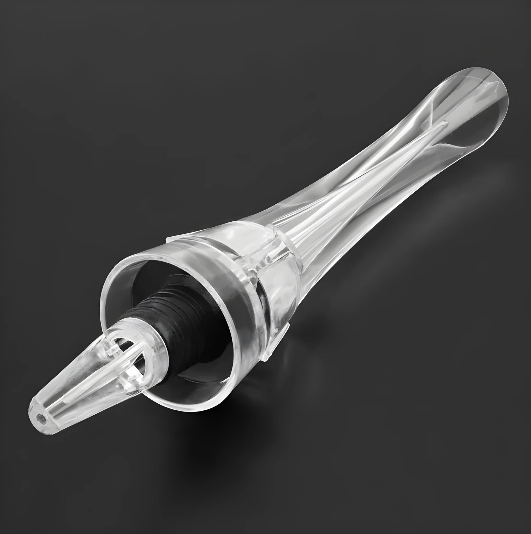 A clear acrylic wine aerator with a stainless steel filter, measuring 16cm long.