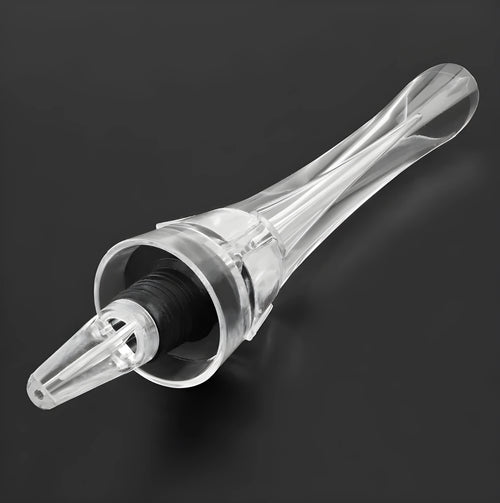 A clear acrylic wine aerator with a stainless steel filter, measuring 16cm long.