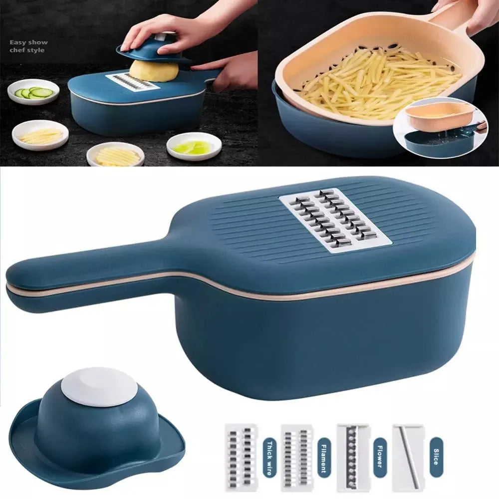 Dark blue manual vegetable cutter with four blades, hand guard, and drain basket on a kitchen counter