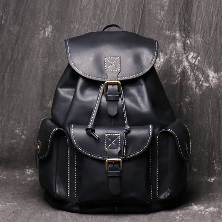 Women crazy horse leather backpack oval shape black brown drawstring buckle flap pockets first layer cowhide