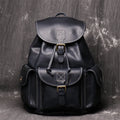Women crazy horse leather backpack oval shape black brown drawstring buckle flap pockets first layer cowhide